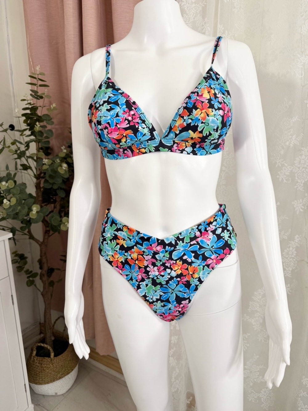 Amazon Floral Bikini Set in Black with Blue, Pink, Orange, Yellow Accents BIN#8
